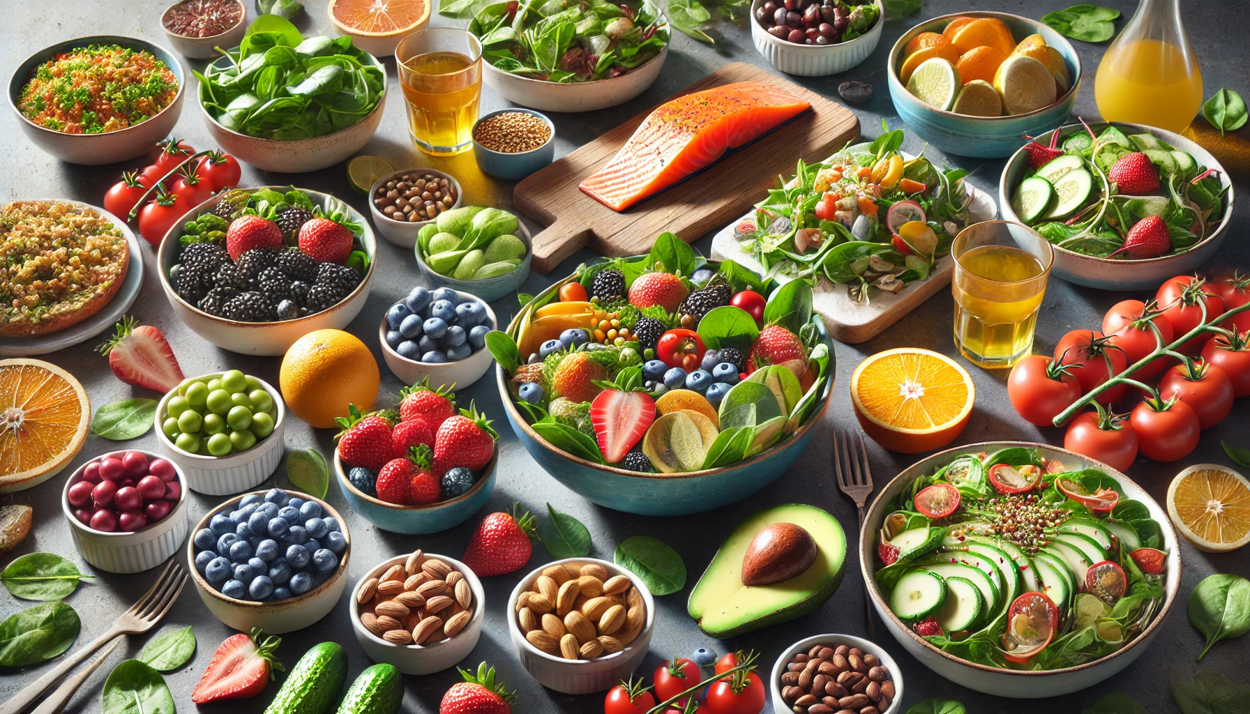 a colorful, healthy food spread on a table. There is a variety of fresh fruits like strawberries, blueberries, and oranges, leafy greens, a bowl of mixed nuts, and a plate of grilled salmon with quinoa.