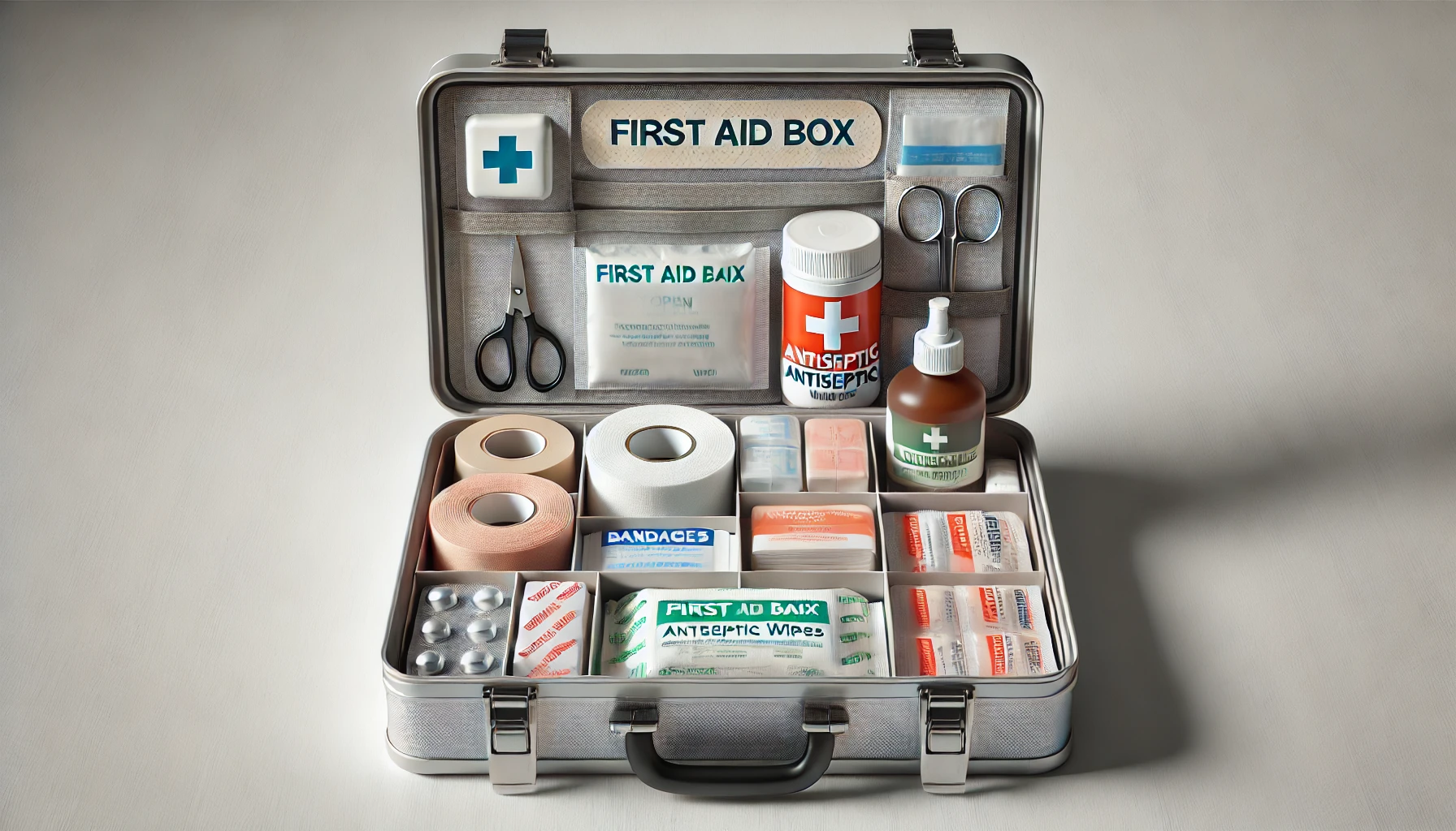 a first aid box open, showing its contents neatly organized. The box includes bandages, antiseptic wipes, scissors, adhesive tape, and various medications. 