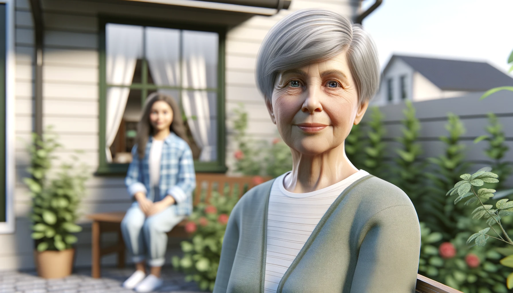 an elderly woman with short gray hair sitting on a bench near a house. The background shows the house with another bench near the window where her daughter is looking after her. The setting is a sunny day with green plants around.
