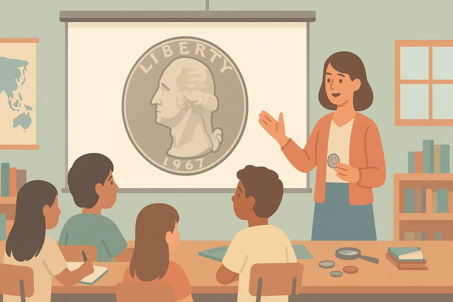 A teacher shows a projection of a 1967 quarter to the class.