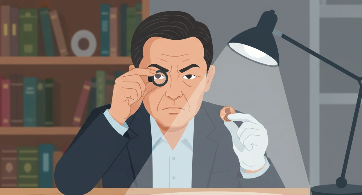 A collector examining a 1969 penny with visible concentration and caution