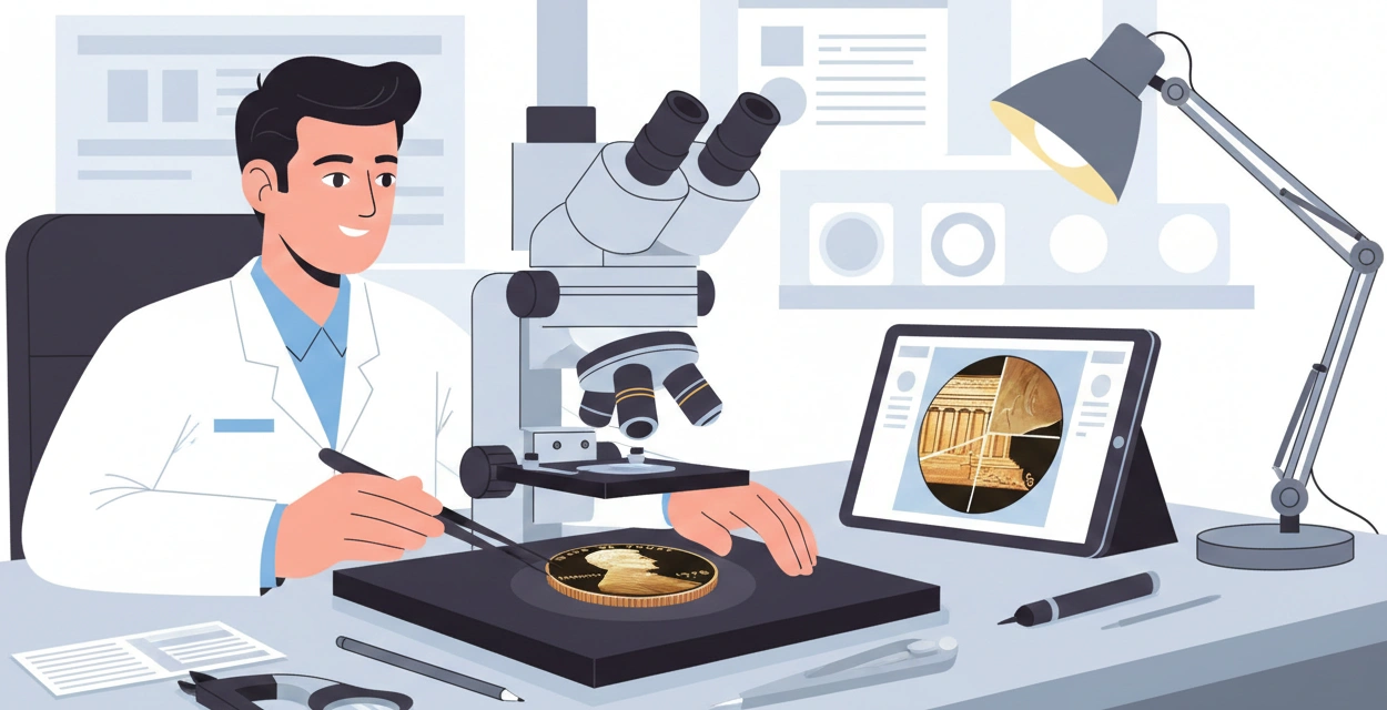 A grading lab inspecting a 1969 penny under specialized tools